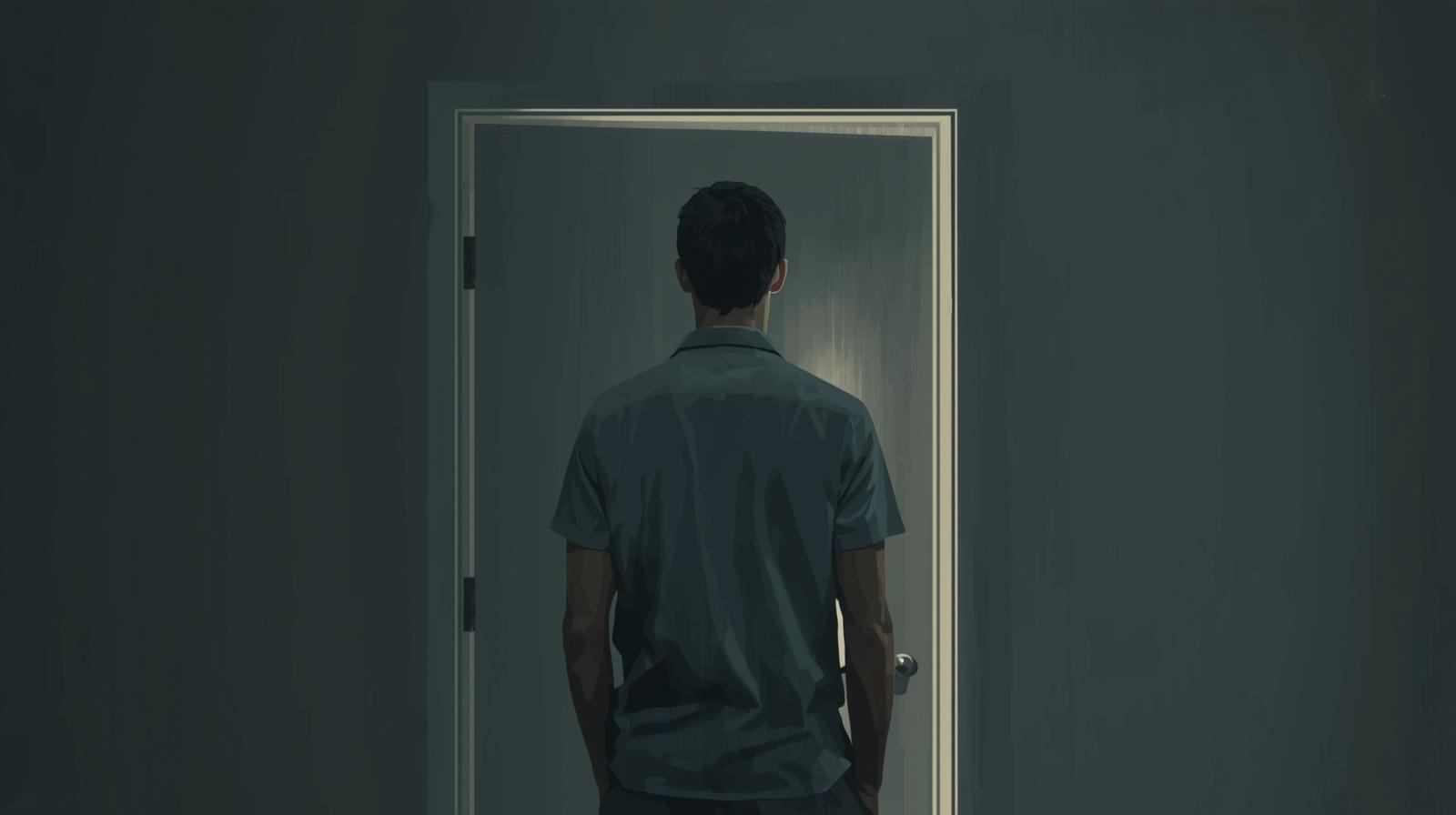Persona sola de espaldas mirando por una puerta entreabierta.